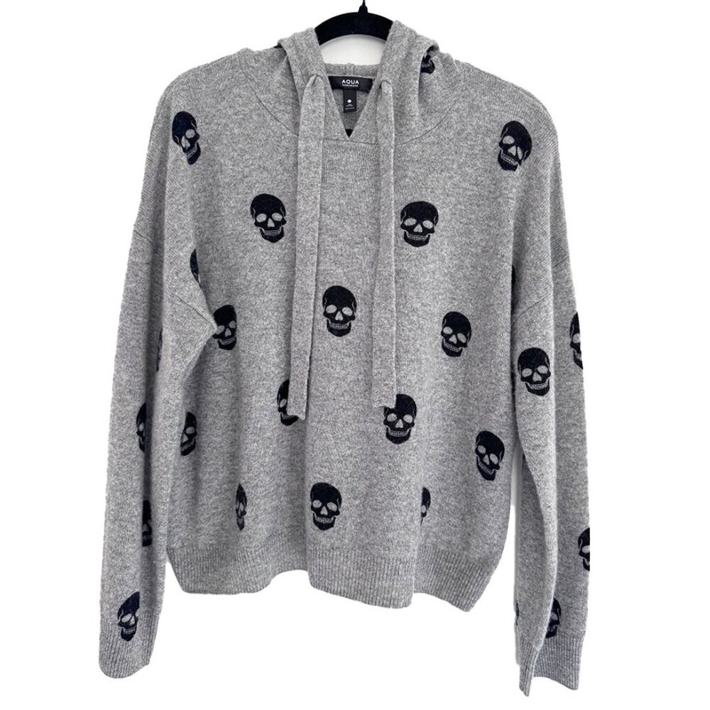Aqua Cashmere Skull Pattern Intarsia Hoodie